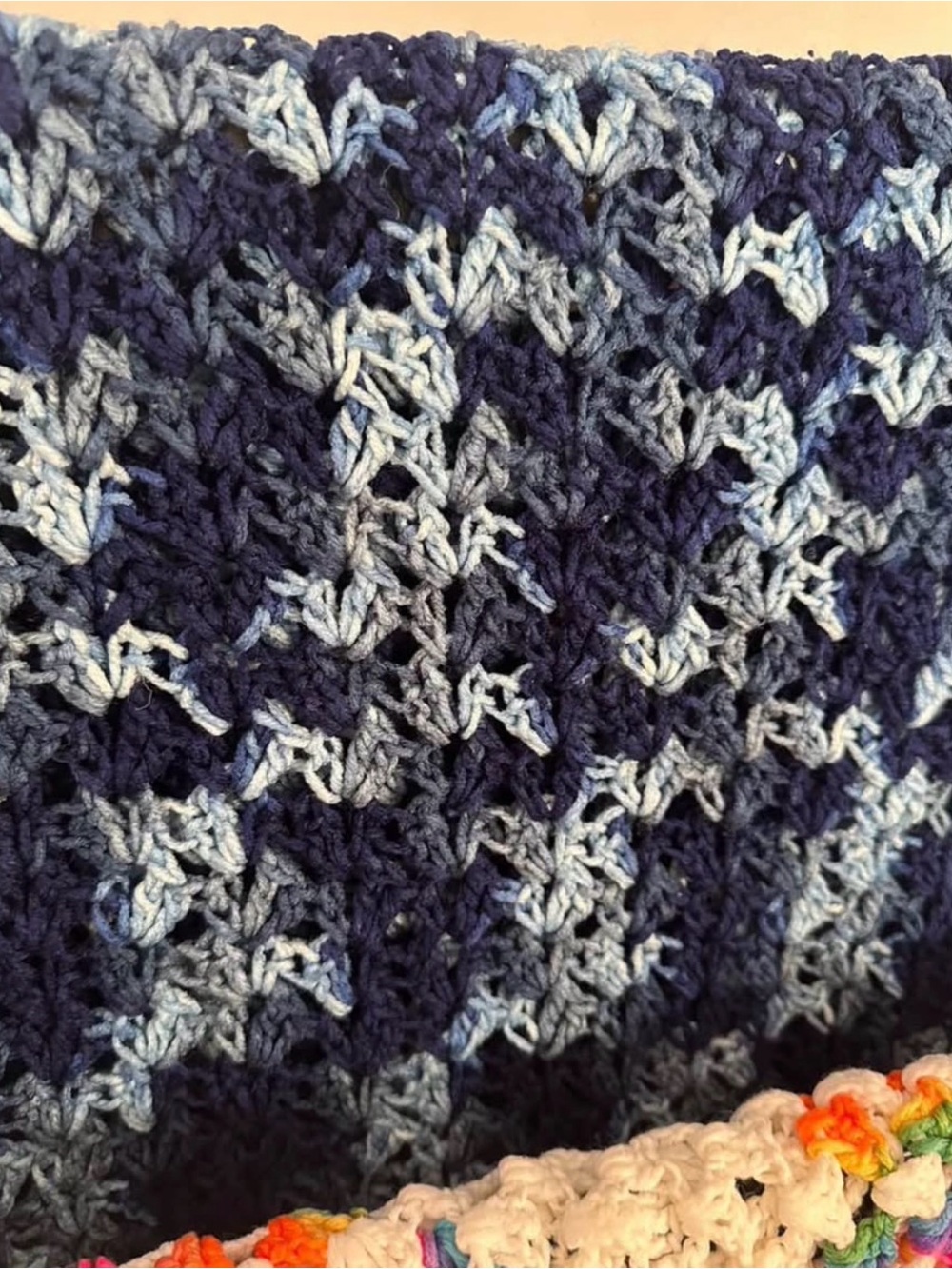 Vintage Handmade Crocheted Blue Gradient Throw/Afghan